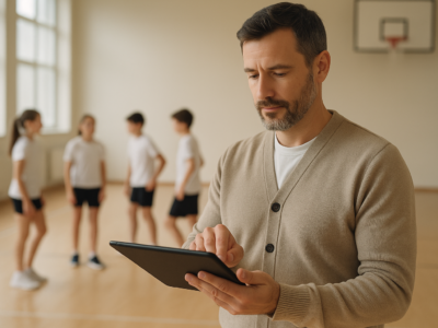 Gestor registrando presença em aplicativo para controle de faltas dos alunos em academia esportiva com turma ao fundo