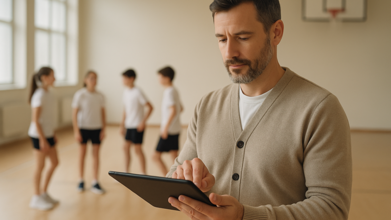 Gestor registrando presença em aplicativo para controle de faltas dos alunos em academia esportiva com turma ao fundo