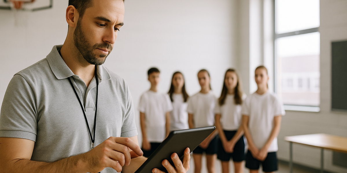Instrutor registrando a presença dos alunos em um tablet com a turma ao fundo em ambiente educacional e esportivo