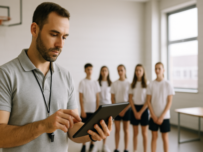 Instrutor registrando a presença dos alunos em um tablet com a turma ao fundo em ambiente educacional e esportivo