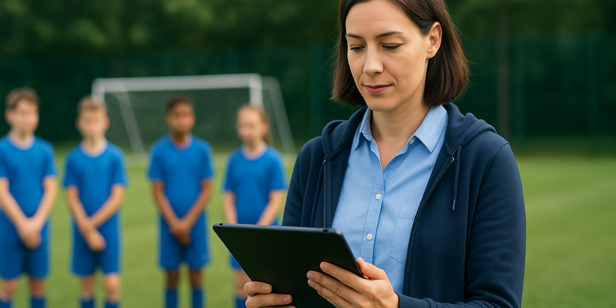 Professora usando tablet para registrar presença dos alunos durante treino de futebol, com a turma ao fundo em ambiente iluminado por luz natural.