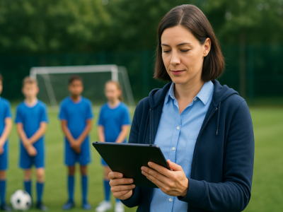 Professora usando tablet para registrar presença dos alunos durante treino de futebol, com a turma ao fundo em ambiente iluminado por luz natural.