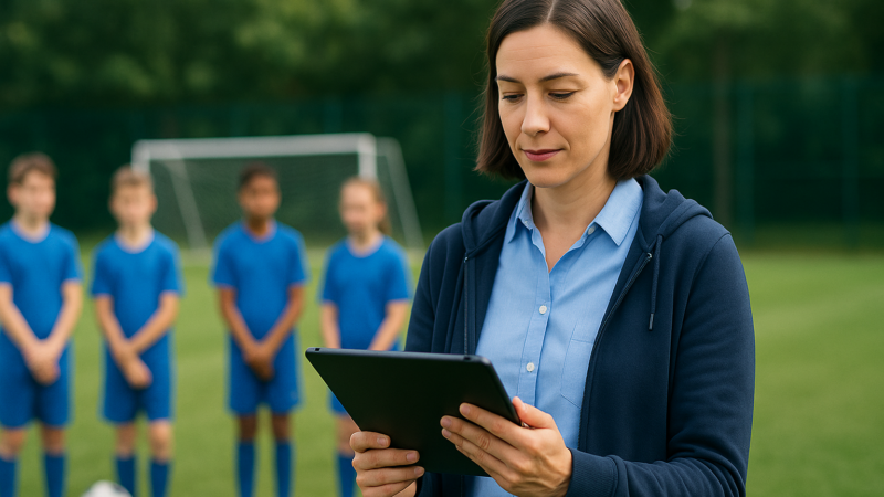 Professora usando tablet para registrar presença dos alunos durante treino de futebol, com a turma ao fundo em ambiente iluminado por luz natural.