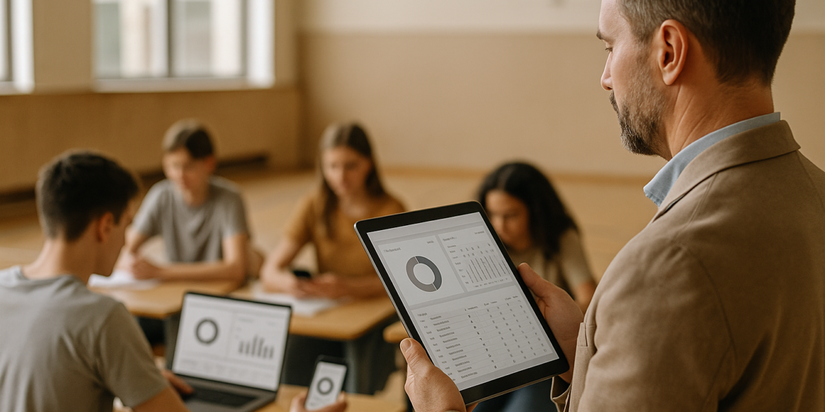 Professor analisando painel com gráfico de presença de alunos em tablet e laptop, em ambiente educacional, com listas e métricas visíveis.