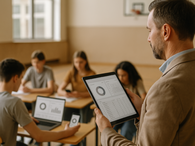 Professor analisando painel com gráfico de presença de alunos em tablet e laptop, em ambiente educacional, com listas e métricas visíveis.