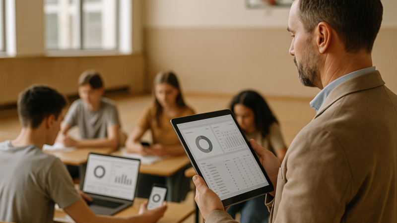 Professor analisando painel com gráfico de presença de alunos em tablet e laptop, em ambiente educacional, com listas e métricas visíveis.