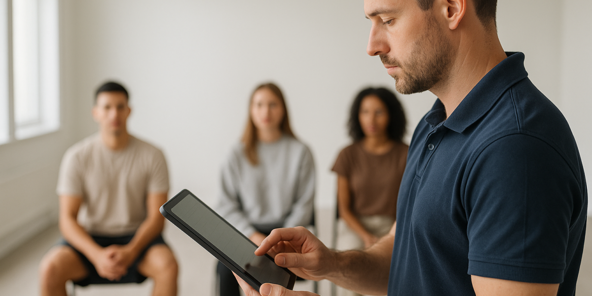 Instrutor registrando a presença de alunos em um tablet durante a aula, representando o controle de faltas dos alunos
