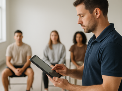 Instrutor registrando a presença de alunos em um tablet durante a aula, representando o controle de faltas dos alunos