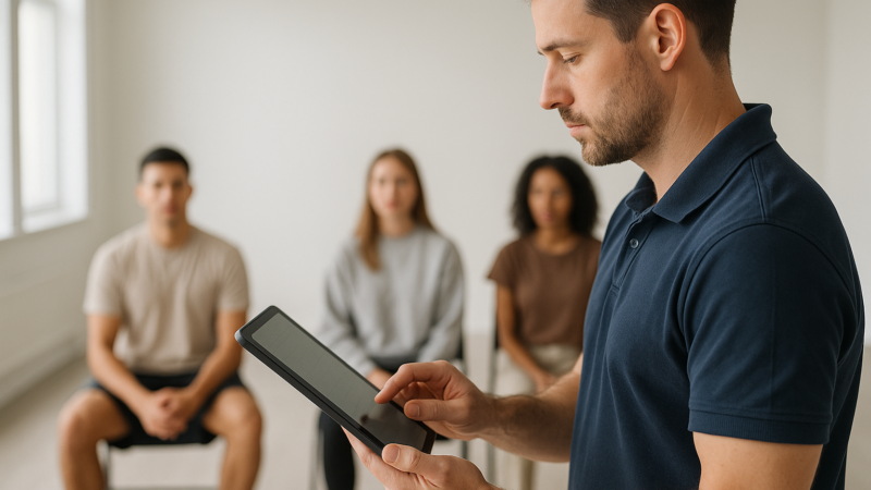 Instrutor registrando a presença de alunos em um tablet durante a aula, representando o controle de faltas dos alunos