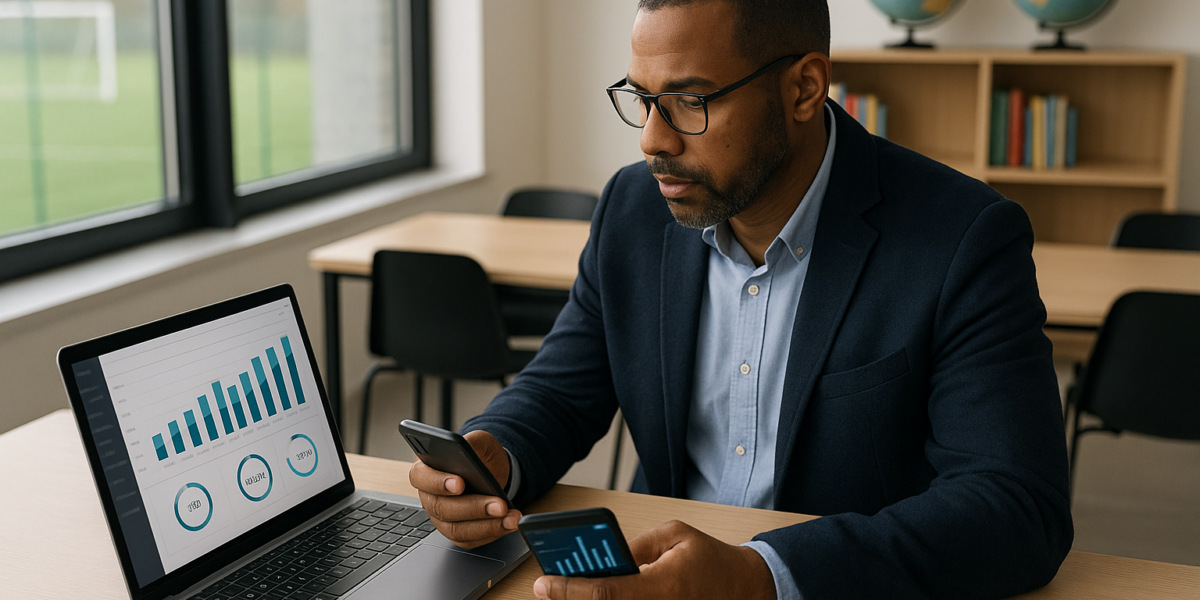 Gestor usando aplicativo de controle de mensalidades de alunos em laptop e smartphone com gráficos financeiros visíveis