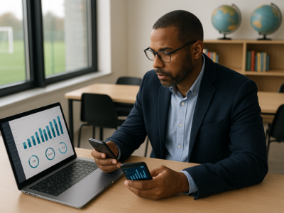 Gestor usando aplicativo de controle de mensalidades de alunos em laptop e smartphone com gráficos financeiros visíveis