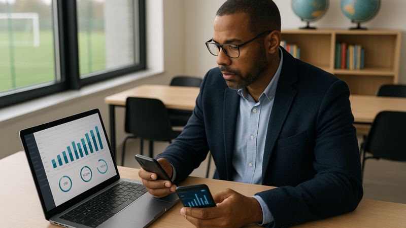 Gestor usando aplicativo de controle de mensalidades de alunos em laptop e smartphone com gráficos financeiros visíveis