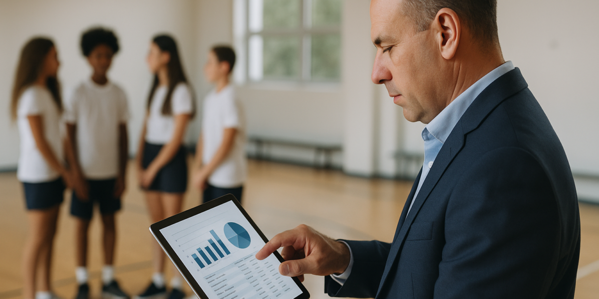 Administrador escolar conferindo no tablet um painel de mensalidades e gráficos financeiros, com alunos desfocados ao fundo em ambiente educacional.
