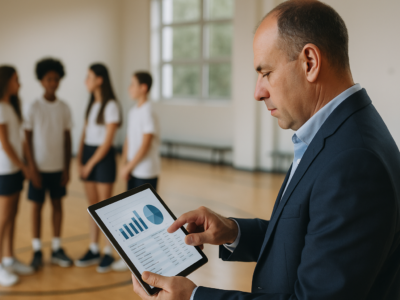 Administrador escolar conferindo no tablet um painel de mensalidades e gráficos financeiros, com alunos desfocados ao fundo em ambiente educacional.