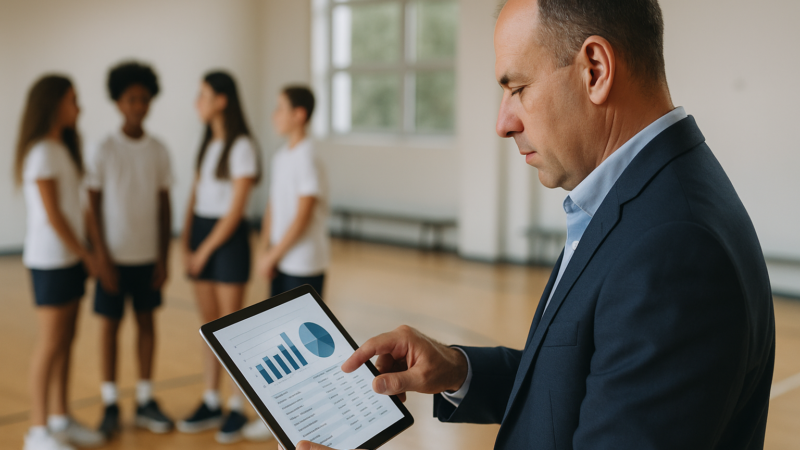 Administrador escolar conferindo no tablet um painel de mensalidades e gráficos financeiros, com alunos desfocados ao fundo em ambiente educacional.