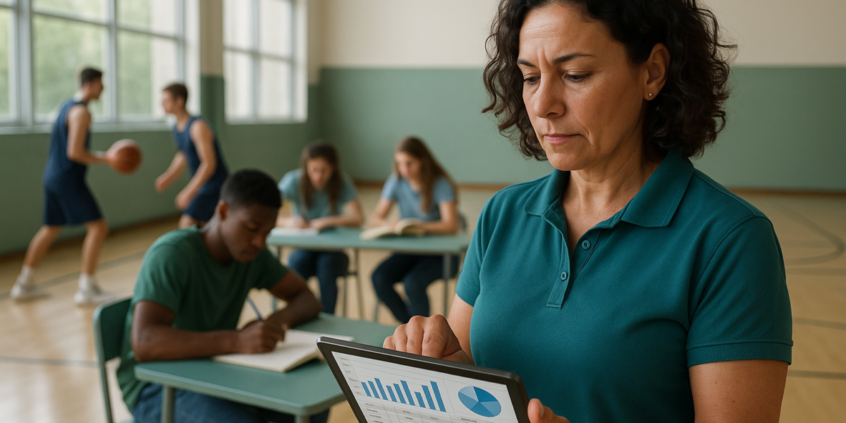 Coordenador analisando no tablet a lista de alunos com mensalidade atrasada em ambiente escolar esportivo, com alunos ao fundo
