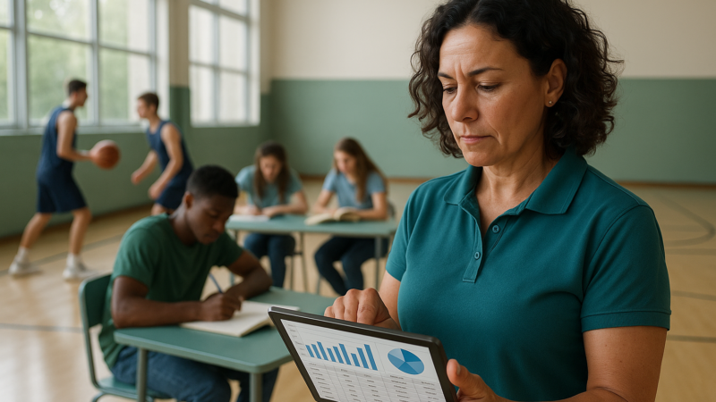 Coordenador analisando no tablet a lista de alunos com mensalidade atrasada em ambiente escolar esportivo, com alunos ao fundo
