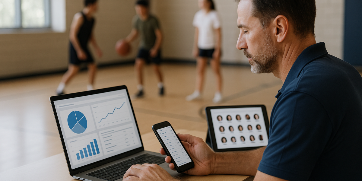 Gestor de escola usando app de controle de mensalidades em laptop e smartphone, com gráficos e lista de alunos em ambiente educacional ao fundo.