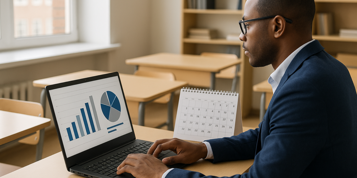 Gestor educacional conferindo mensalidades de alunos em um dashboard financeiro com gráficos e calendário mensal ao lado