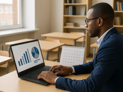 Gestor educacional conferindo mensalidades de alunos em um dashboard financeiro com gráficos e calendário mensal ao lado
