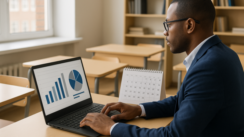 Gestor educacional conferindo mensalidades de alunos em um dashboard financeiro com gráficos e calendário mensal ao lado