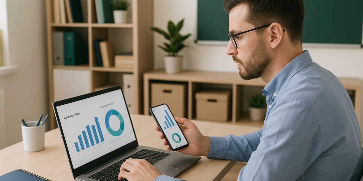 Educador analisando gráficos de mensalidades e presenças em notebook e smartphone em ambiente escolar moderno