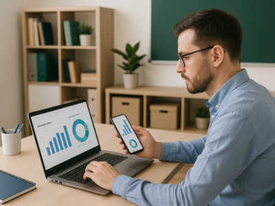 Educador analisando gráficos de mensalidades e presenças em notebook e smartphone em ambiente escolar moderno