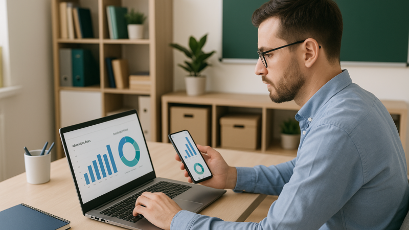 Educador analisando gráficos de mensalidades e presenças em notebook e smartphone em ambiente escolar moderno