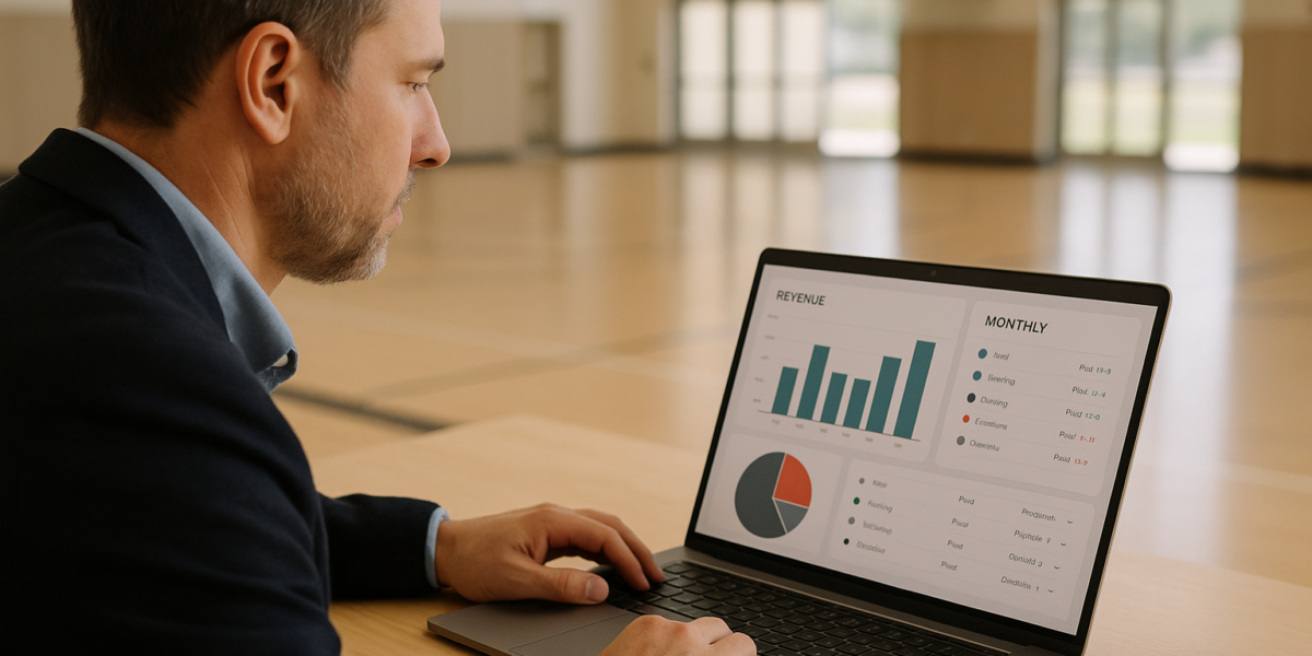Gestor conferindo painel com mensalidades pagas, pendentes e atrasadas em um sistema de gestão escolar