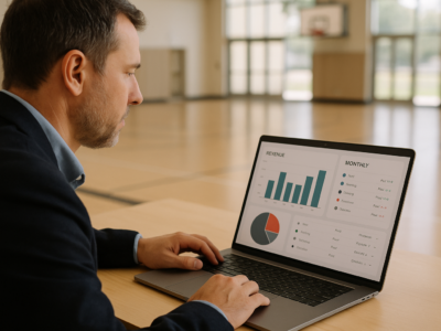 Gestor conferindo painel com mensalidades pagas, pendentes e atrasadas em um sistema de gestão escolar