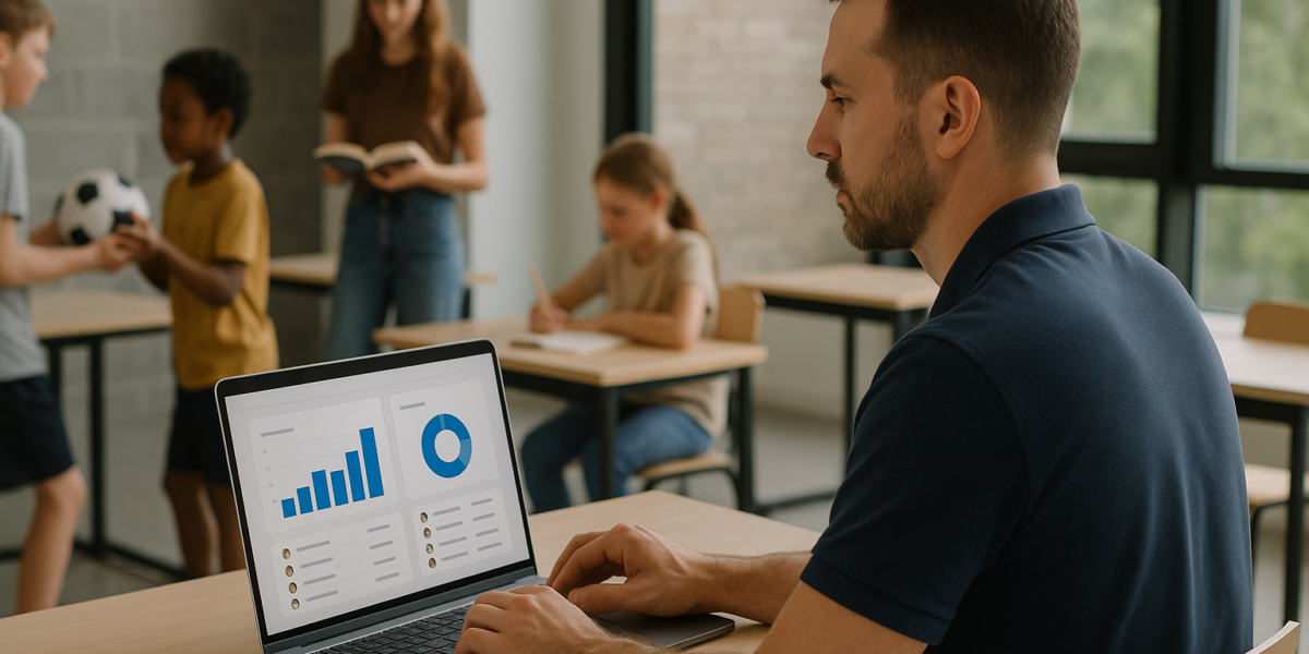 Instrutor gerindo controle de alunos em laptop com dashboard de presença e mensalidades, enquanto turma pratica ao fundo