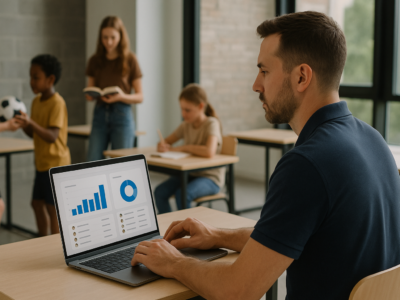 Instrutor gerindo controle de alunos em laptop com dashboard de presença e mensalidades, enquanto turma pratica ao fundo