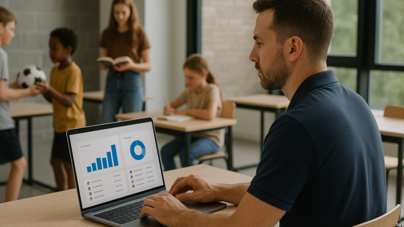 Instrutor gerindo controle de alunos em laptop com dashboard de presença e mensalidades, enquanto turma pratica ao fundo
