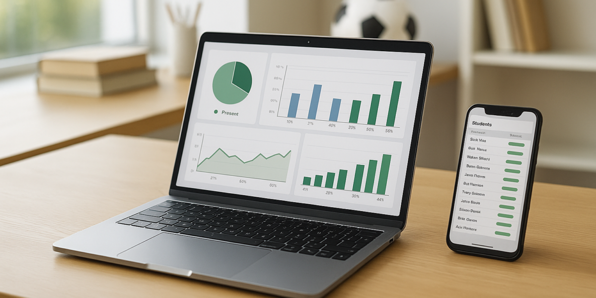 Notebook com dashboard de presenças e finanças e smartphone com lista de alunos, representando gestão integrada em web, Android e iOS.