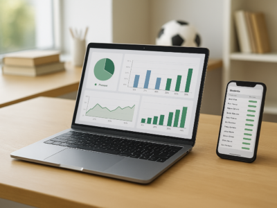 Notebook com dashboard de presenças e finanças e smartphone com lista de alunos, representando gestão integrada em web, Android e iOS.