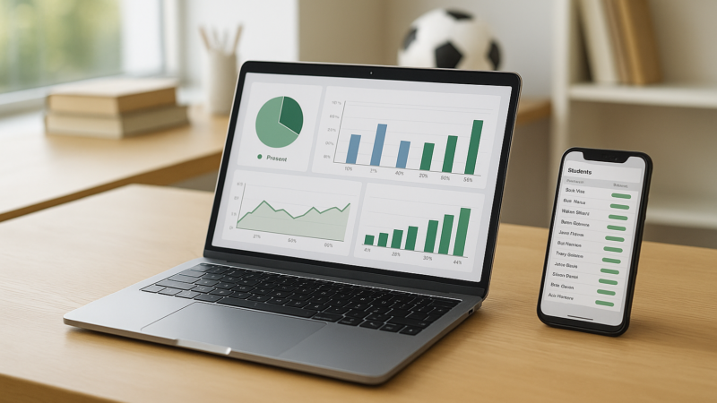 Notebook com dashboard de presenças e finanças e smartphone com lista de alunos, representando gestão integrada em web, Android e iOS.