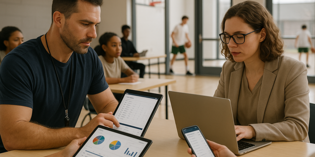 Equipe educacional usando sistema de controle de alunos em laptop, tablet e celular, com dashboards de presença e mensalidades visíveis.