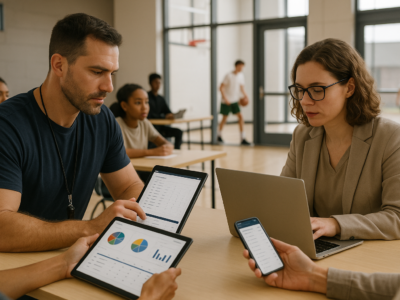 Equipe educacional usando sistema de controle de alunos em laptop, tablet e celular, com dashboards de presença e mensalidades visíveis.