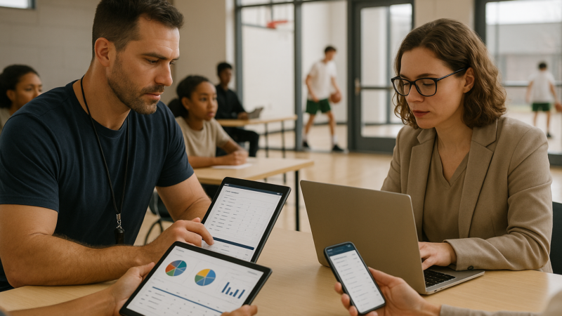 Equipe educacional usando sistema de controle de alunos em laptop, tablet e celular, com dashboards de presença e mensalidades visíveis.