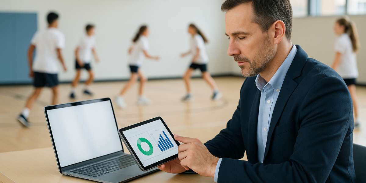 Gestor escolar usando tablet para acompanhar presenças e mensalidades, com alunos ao fundo e dispositivos móveis mostrando um sistema multiplataforma.