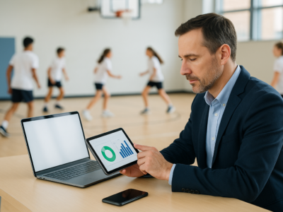 Gestor escolar usando tablet para acompanhar presenças e mensalidades, com alunos ao fundo e dispositivos móveis mostrando um sistema multiplataforma.