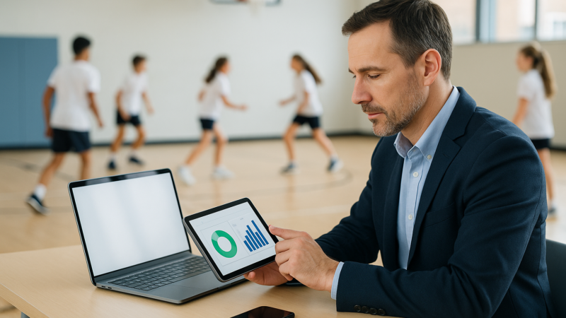 Gestor escolar usando tablet para acompanhar presenças e mensalidades, com alunos ao fundo e dispositivos móveis mostrando um sistema multiplataforma.