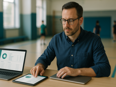 Coordenador escolar usando laptop e tablet para organizar cadastros de alunos e turmas em um dashboard de gestão.
