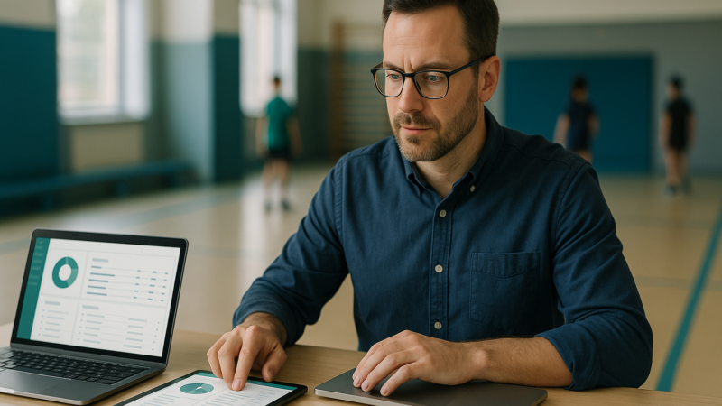 Coordenador escolar usando laptop e tablet para organizar cadastros de alunos e turmas em um dashboard de gestão.
