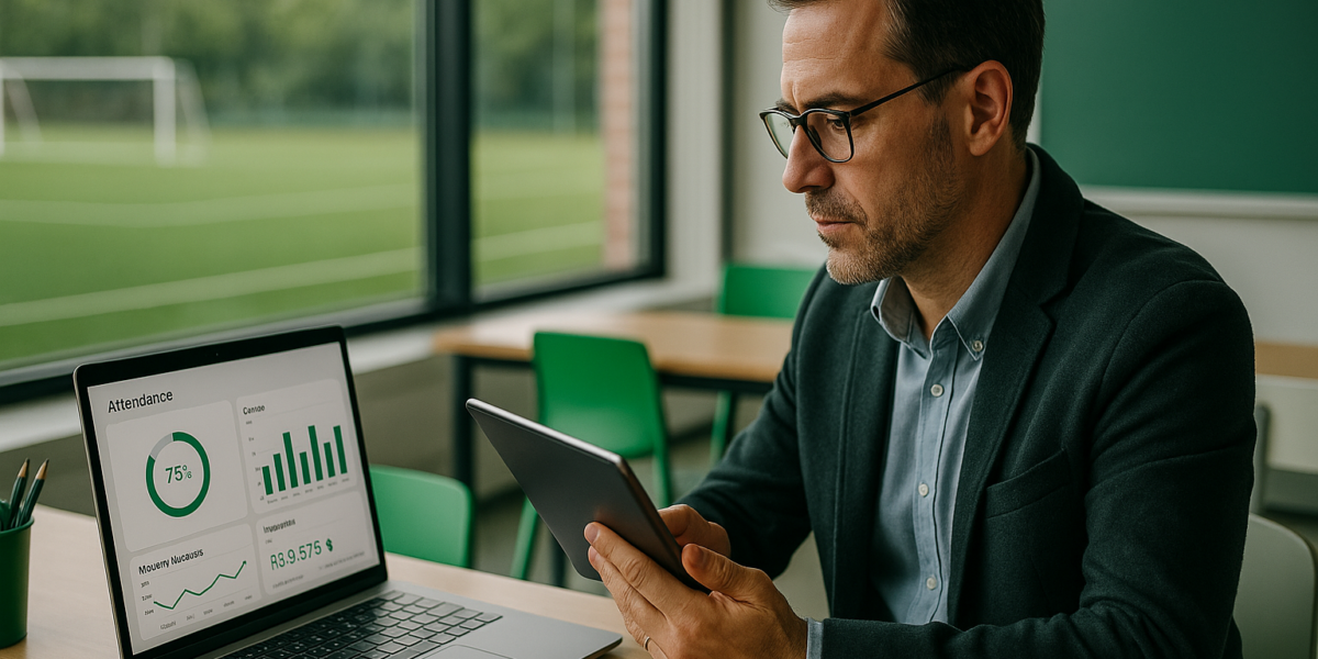 Instrutor analisando sistema de controle de alunos em tablet com gráficos de presença e mensalidades em escola de futebol e curso de idiomas