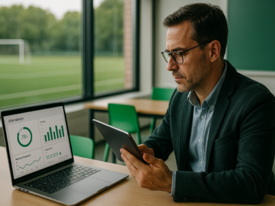 Instrutor analisando sistema de controle de alunos em tablet com gráficos de presença e mensalidades em escola de futebol e curso de idiomas
