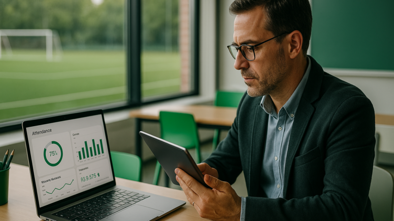 Instrutor analisando sistema de controle de alunos em tablet com gráficos de presença e mensalidades em escola de futebol e curso de idiomas