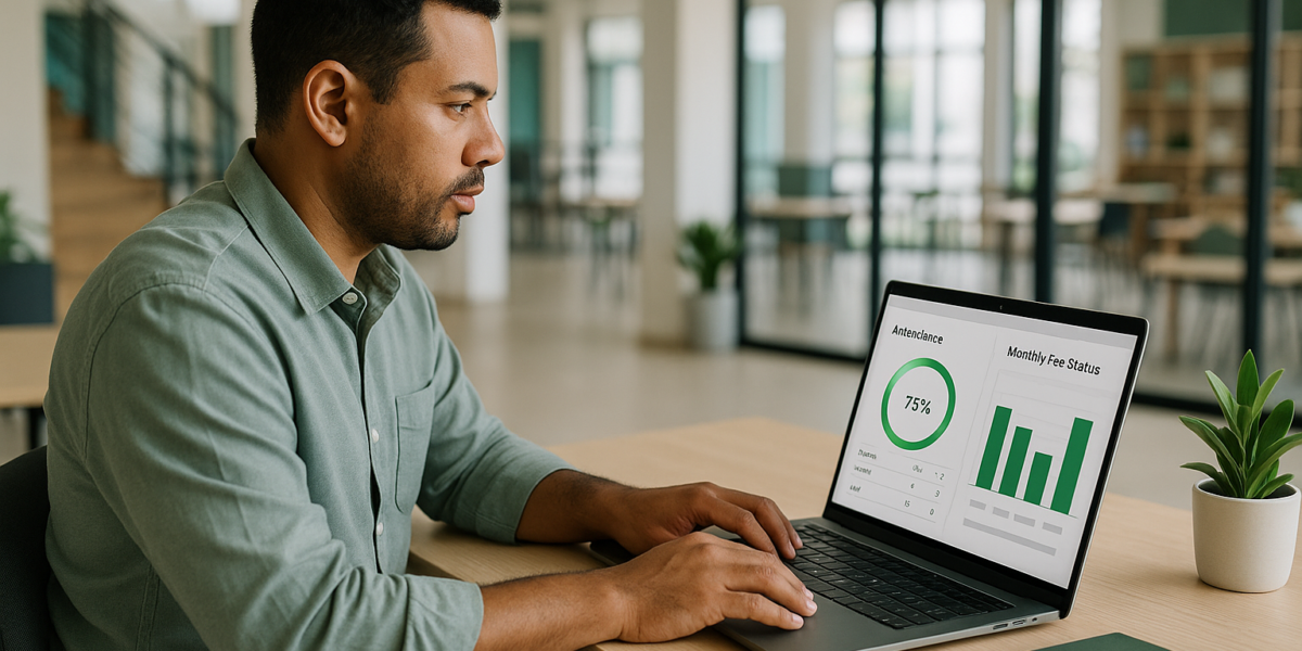 Gestor educacional usando notebook com dashboard de presença e mensalidades, em ambiente escolar moderno e iluminado