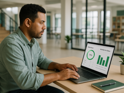 Gestor educacional usando notebook com dashboard de presença e mensalidades, em ambiente escolar moderno e iluminado