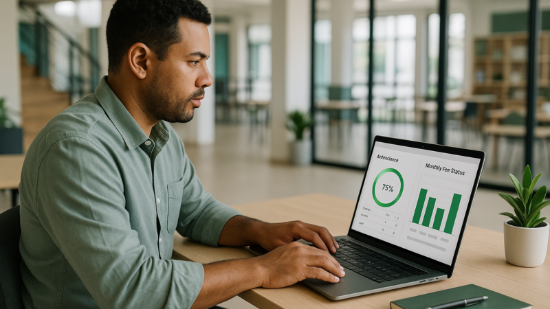 Gestor educacional usando notebook com dashboard de presença e mensalidades, em ambiente escolar moderno e iluminado